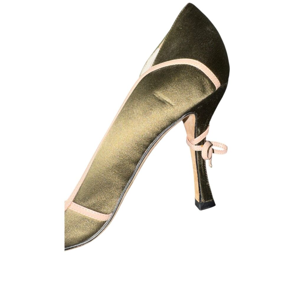 Christian Dior Kaki & Rose Couture Satin Heels Bow Size 37.5 US 7 Green Pink - Picture 6 of 10